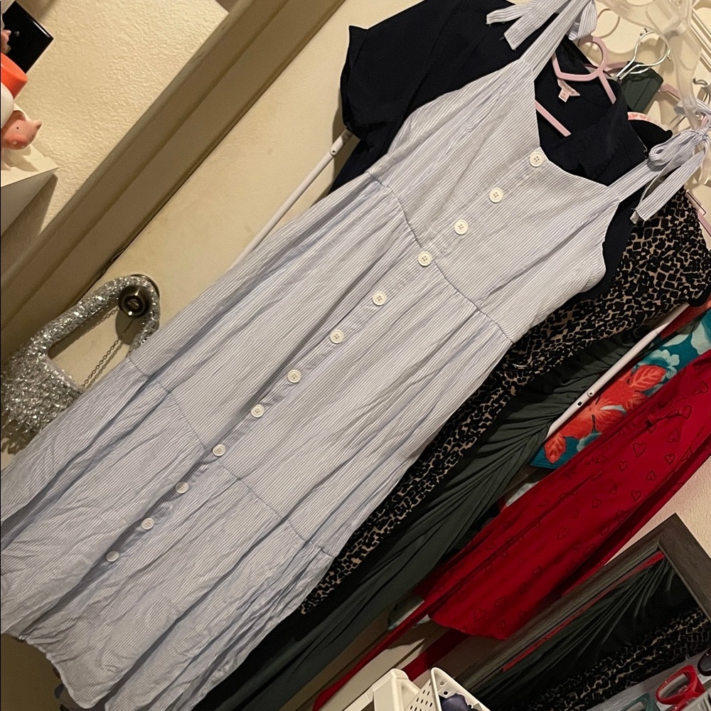 aerie Light Blue and White Striped Button-Front Maxi Dress